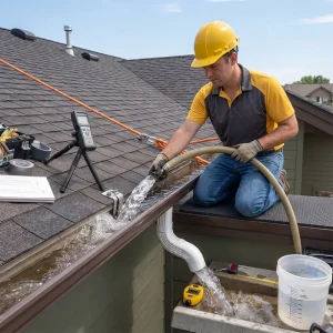 An engineer performing Downspout Flushing and Flow Test