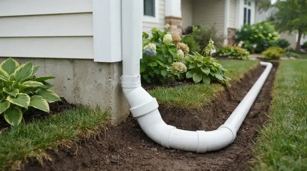 A downspout extension directing water away from the foundation
