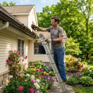A homeowner doing the Gutter Cleaning starting from Late Spring to Early Summer