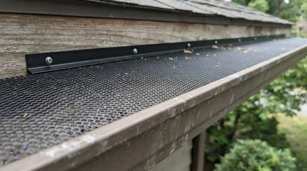 A gutter guard mesh installed over a residential gutter channel
