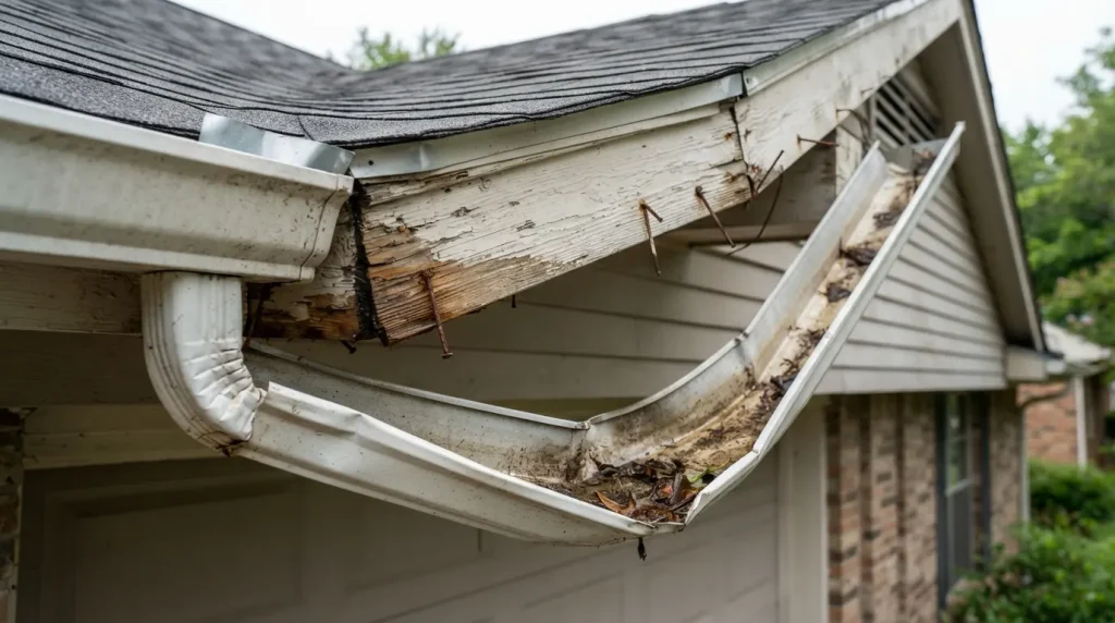 A sagging gutter section pulled away from the fascia board