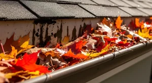 condition of clogged gutter full of fall leaves
