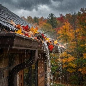 overflowing gutters due to debris and piles of leaves under heavy rainfall