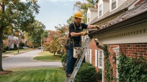 Technician performing rain gutter maintenance on Richmond classic home